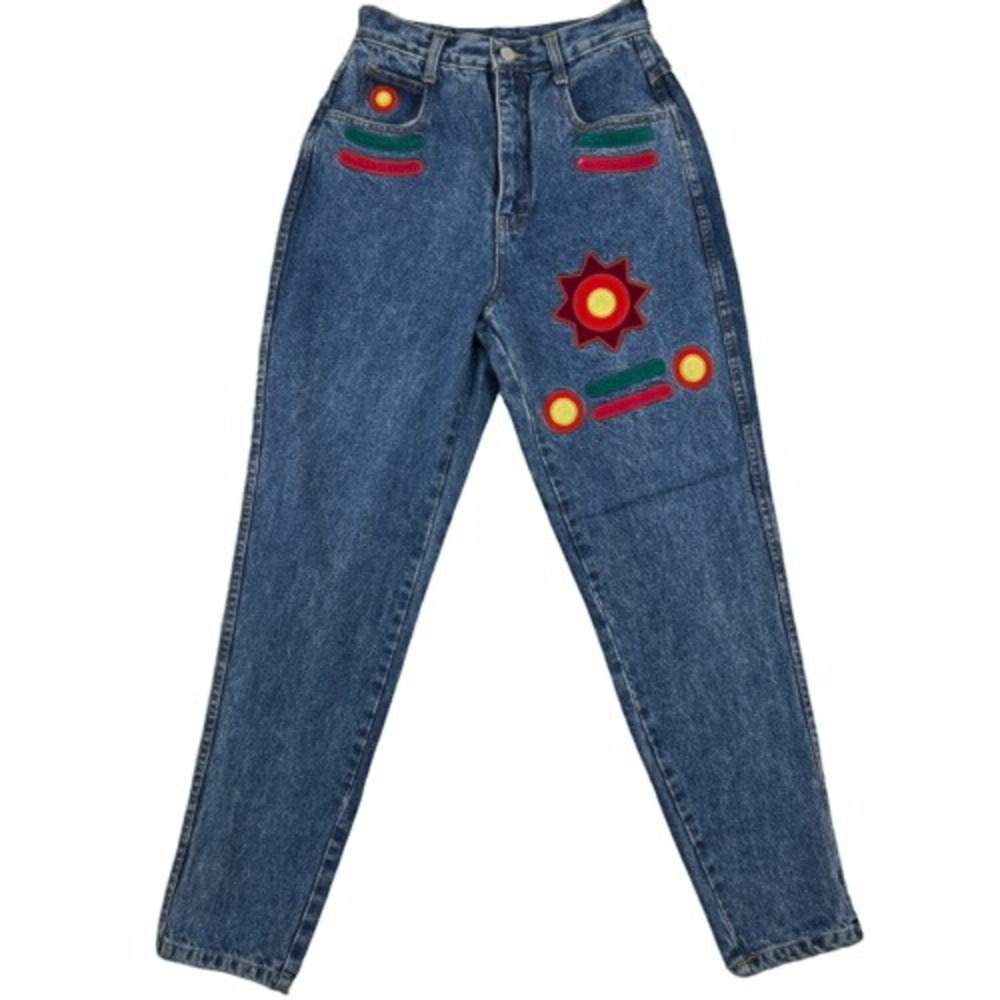 Vintage Boom Boom Jeans Womens Size 7/8 High Rise Tapered‎ Leg 90s Embroidered
